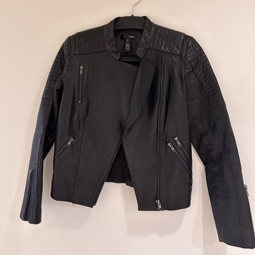 Aqua 100% Leather Cropped Motorcycle Jacket Women’s XS